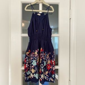 Navy blue knee length dress with floral embroidery